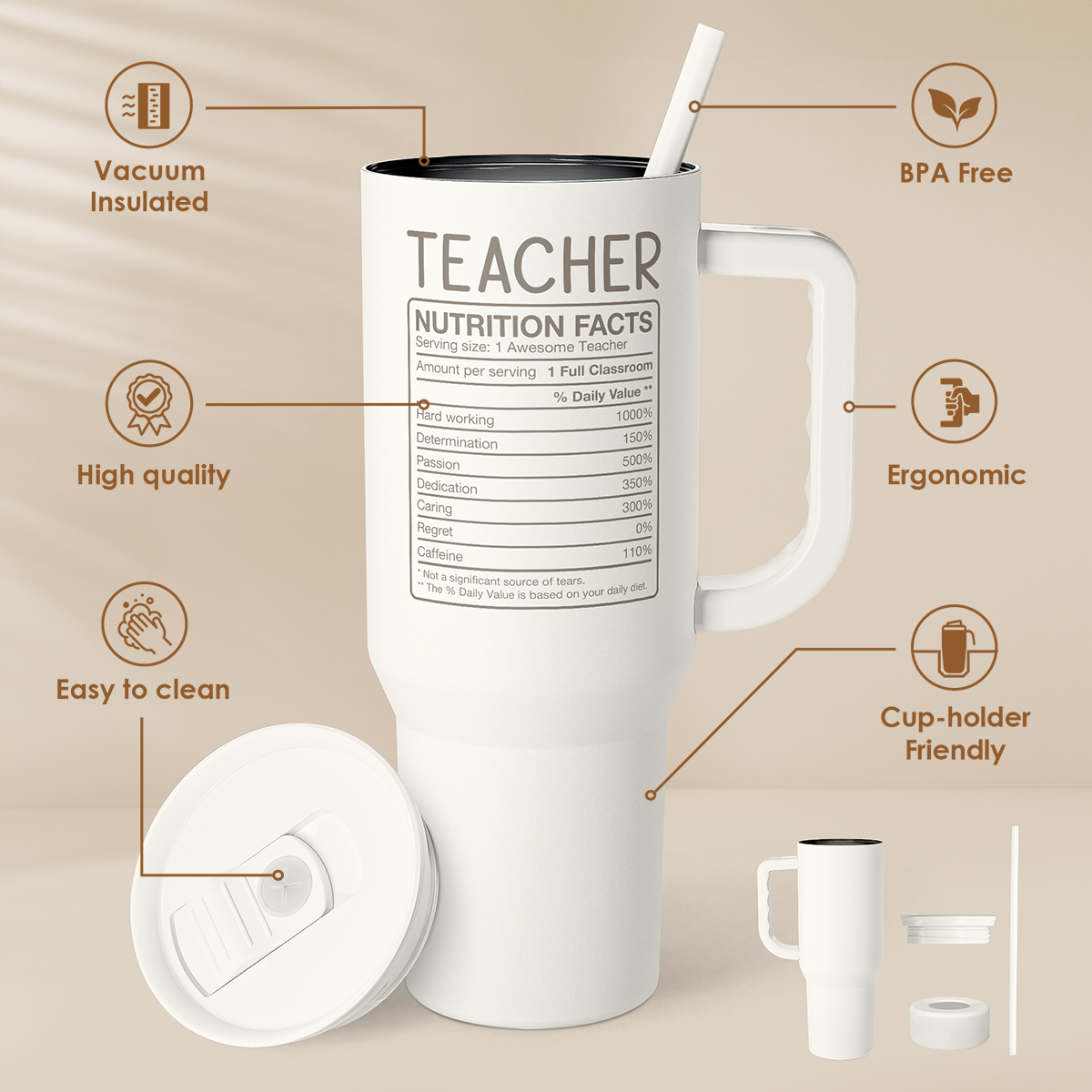 White Teacher Slidemate | Slider Tumbler with Handle 40oz