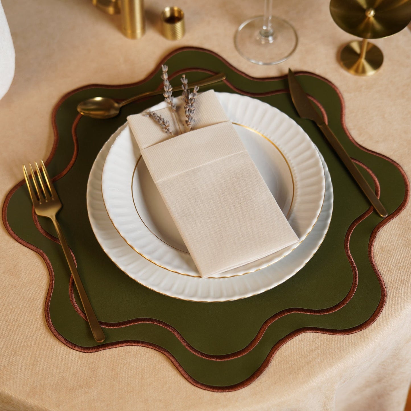 HAVEN DARK GREEN BROWN TRIM WAVY EDGE FAUX LEATHER PLACEMAT (Set Of 4)