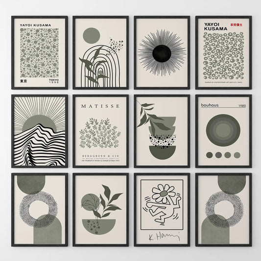 Set of 12 Sage Green Art. Abstract Matisse, Bauhaus MCM Prints