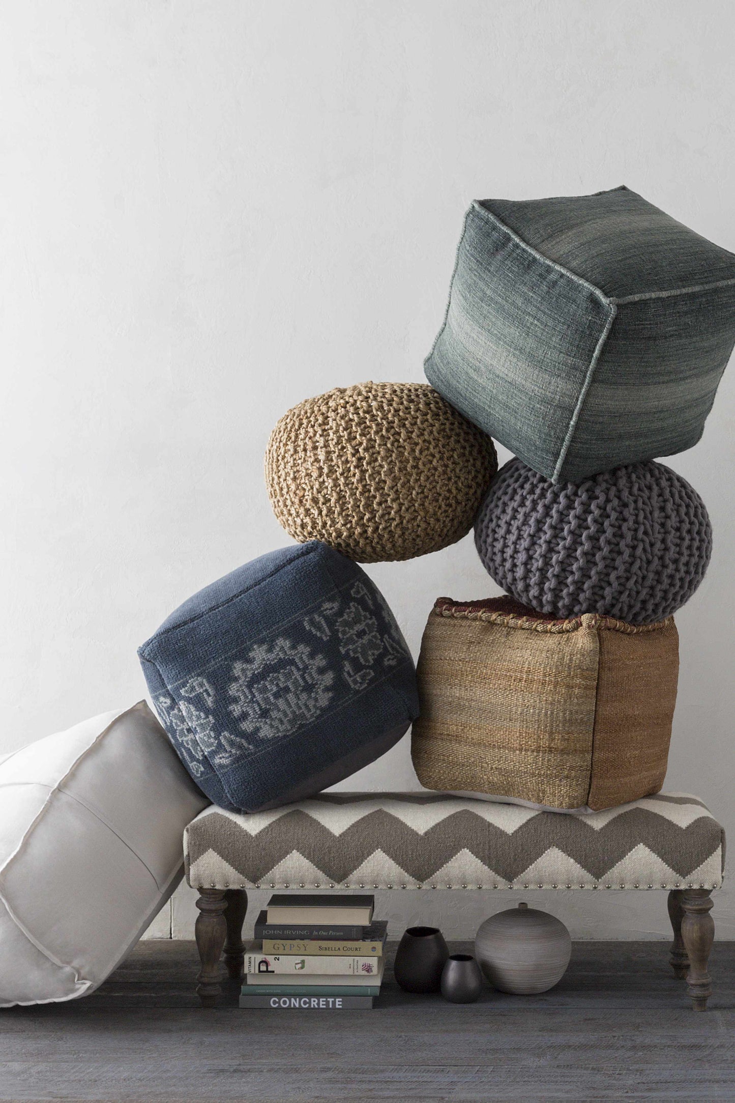 Friendsville Solid & Striped Ivory Pouf