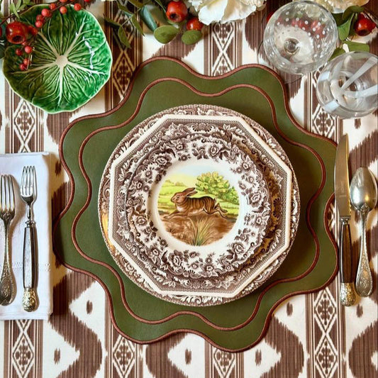 HAVEN DARK GREEN BROWN TRIM WAVY EDGE FAUX LEATHER PLACEMAT (Set Of 4)