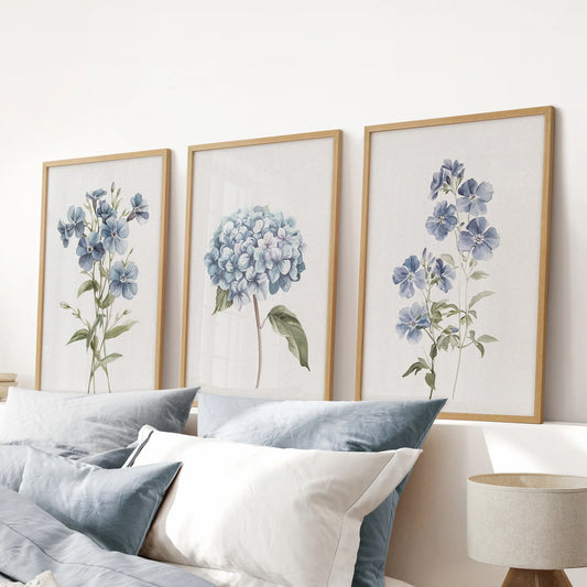 Blue Hydrangea Flower Wall Art. Floral Set of 3 Prints